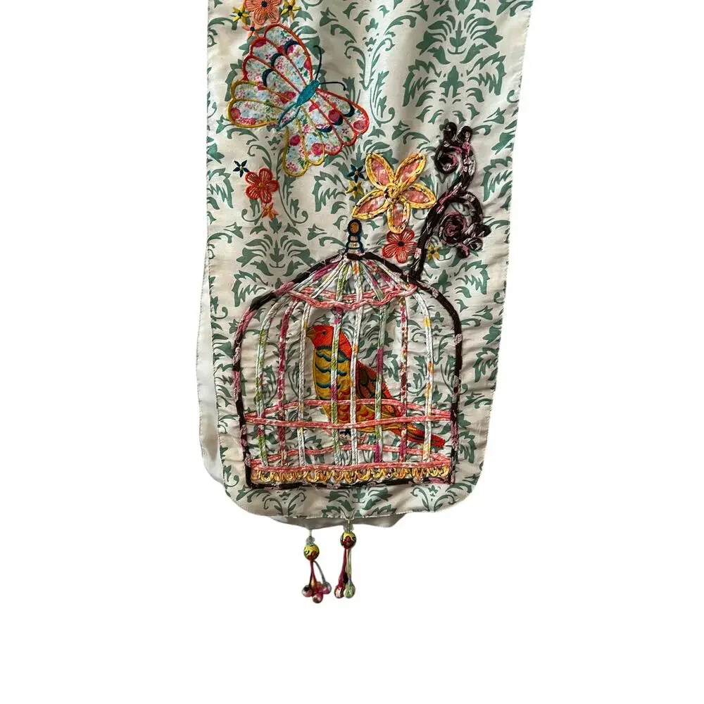 Pier 1 Imports Bohemian Caged Birds Butterfly Silky Floral Print Table Runner